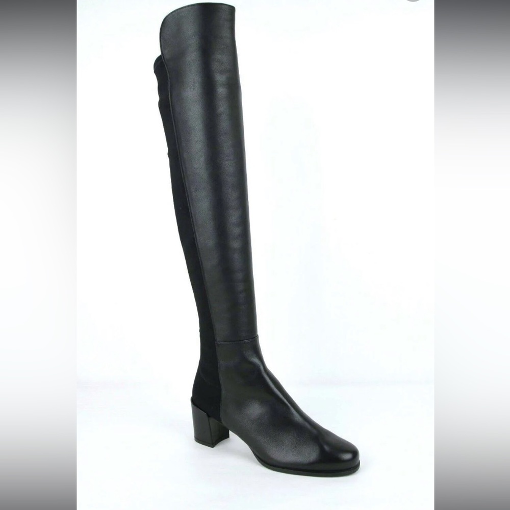 Stuart Weitzman 5050 Mid Black Nappa Leather Heel Knee Boot W/Elastic Back